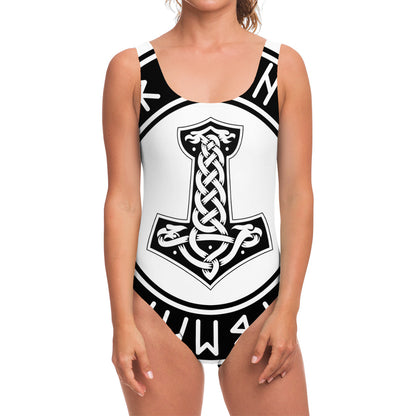 Black And White Mjolnir Print One Piece Swimsuit