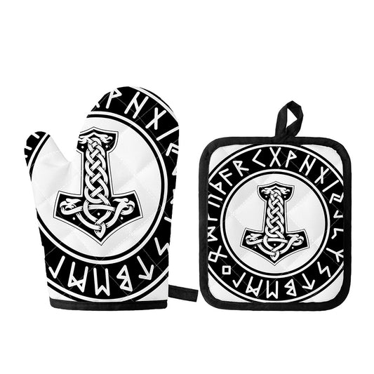 Black And White Mjolnir Print Oven Mitt And Pot Holder Set