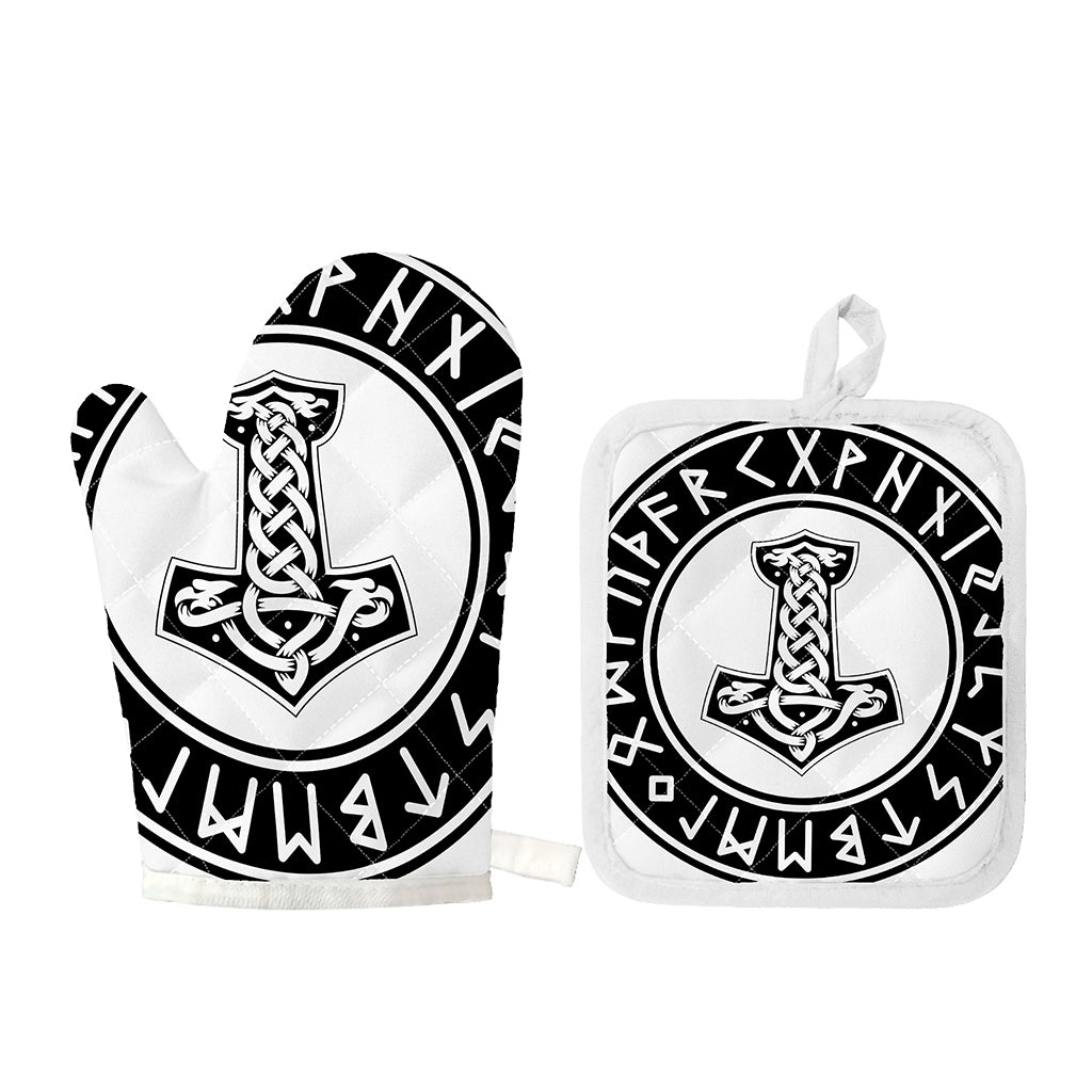 Black And White Mjolnir Print Oven Mitt And Pot Holder Set