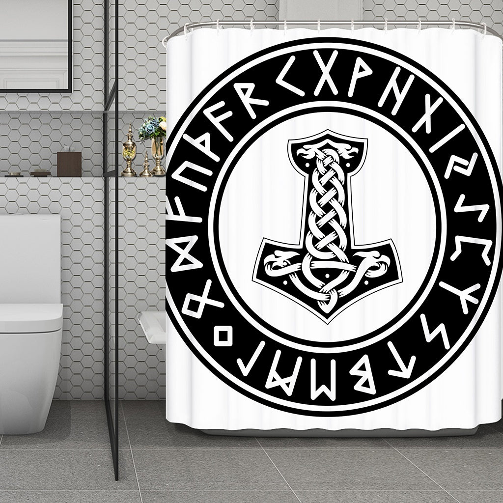 Black And White Mjolnir Print Polyester Shower Curtain
