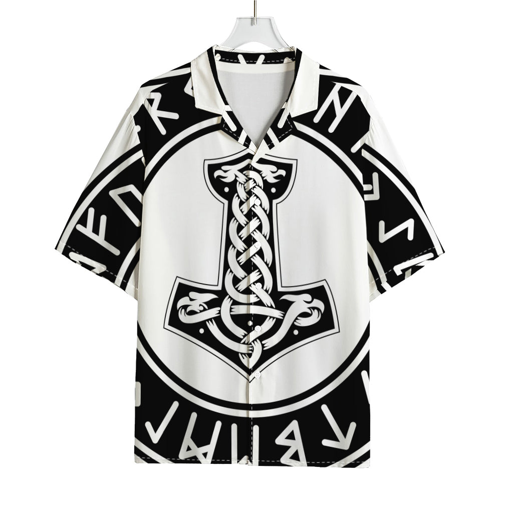 Black And White Mjolnir Print Rayon Hawaiian Shirt