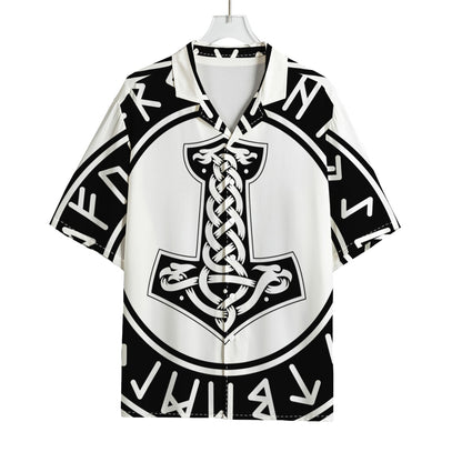 Black And White Mjolnir Print Rayon Hawaiian Shirt