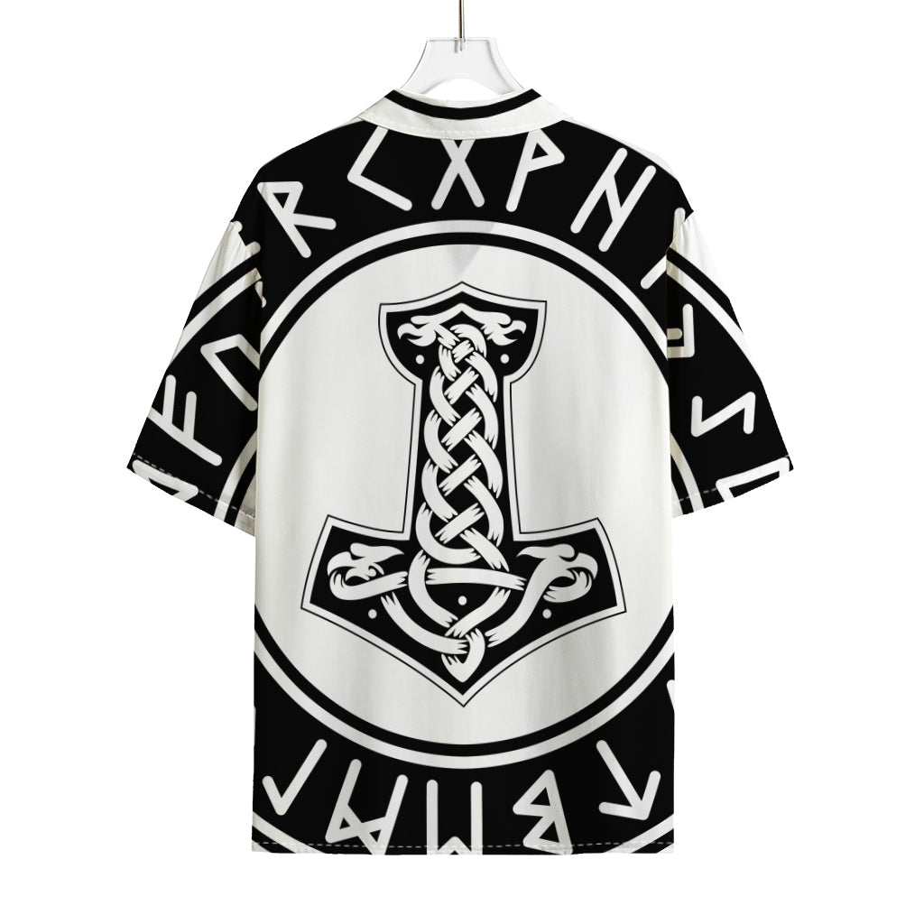 Black And White Mjolnir Print Rayon Hawaiian Shirt