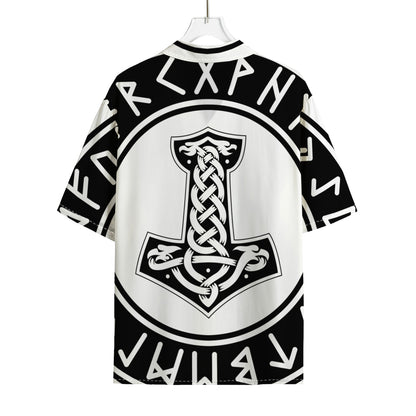 Black And White Mjolnir Print Rayon Hawaiian Shirt