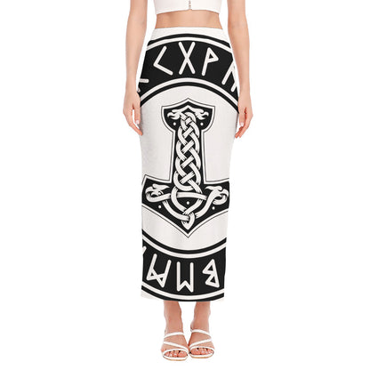 Black And White Mjolnir Print Side Slit Maxi Skirt