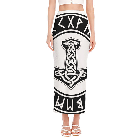 Black And White Mjolnir Print Side Slit Maxi Skirt