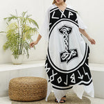 Black And White Mjolnir Print Silk V-Neck Kaftan Dress