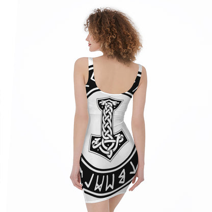 Black And White Mjolnir Print Sleeveless Bodycon Dress