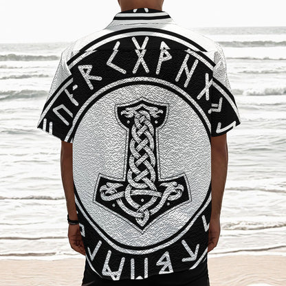 Black And White Mjolnir Print Textured Short Sleeve Shirt