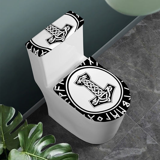 Black And White Mjolnir Print Toilet Lid And Tank Cover Set
