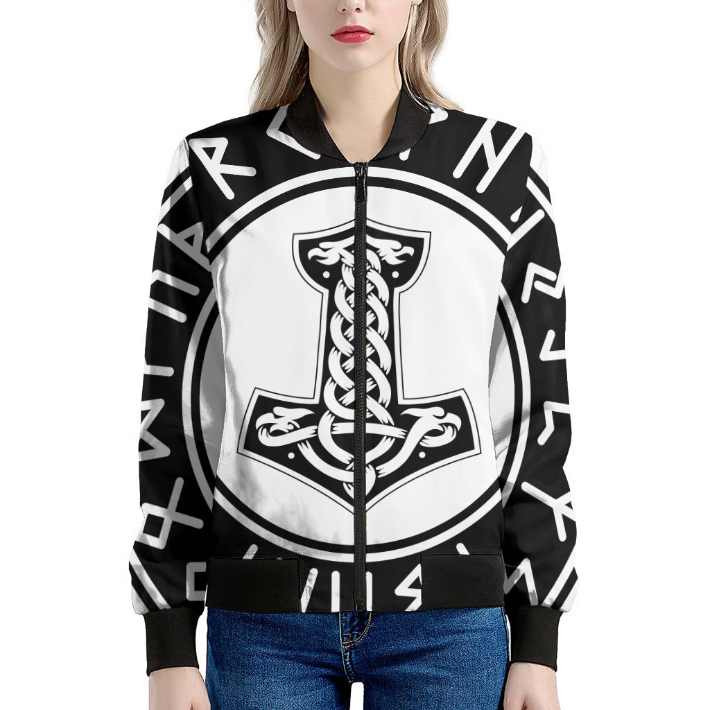 Black And White Mjolnir Print Women's Bomber Jacket