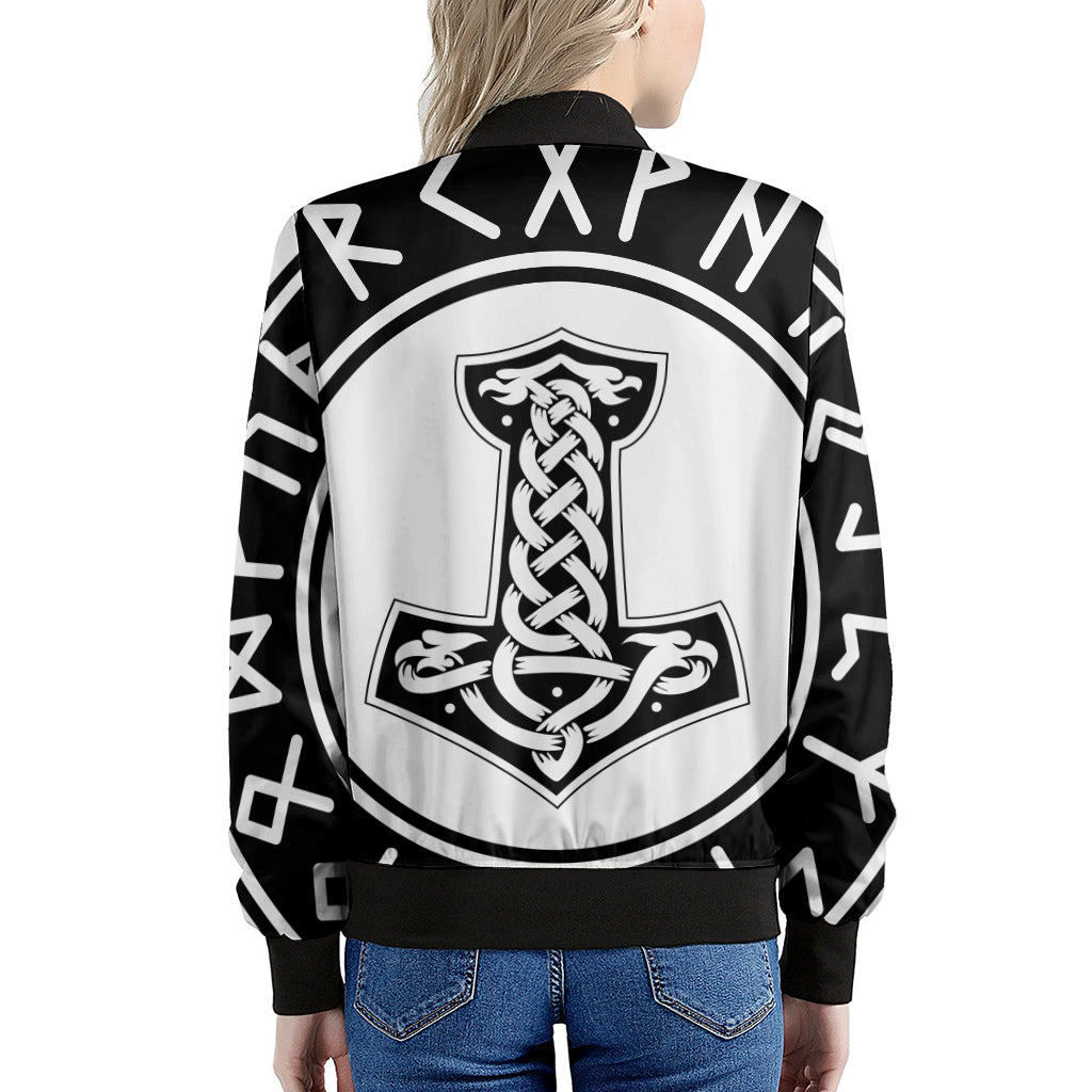 Black And White Mjolnir Print Women's Bomber Jacket