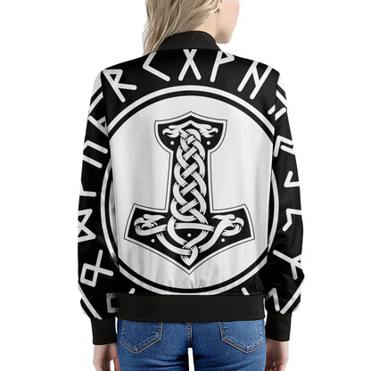 Black And White Mjolnir Print Women's Bomber Jacket
