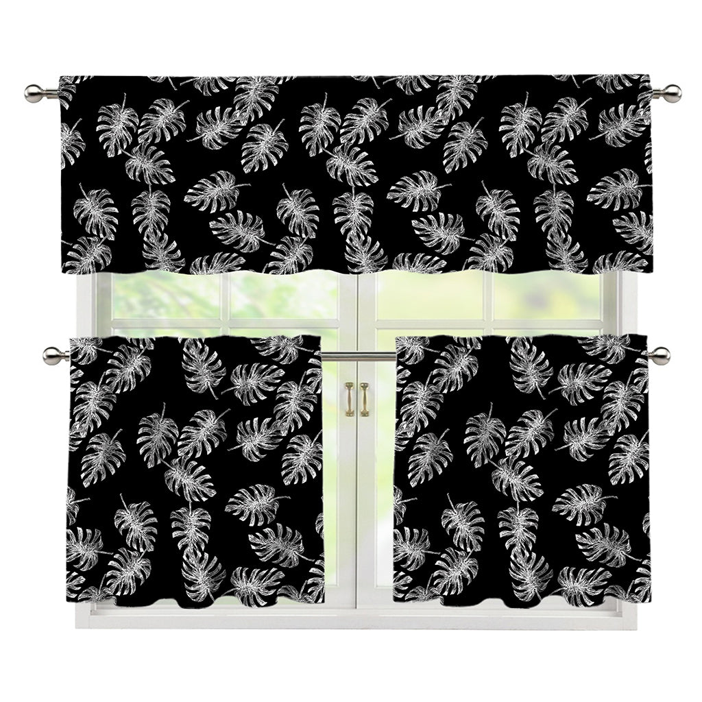 Black And White Monstera Pattern Print 3 Piece Kitchen Curtains