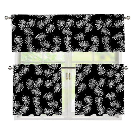Black And White Monstera Pattern Print 3 Piece Kitchen Curtains