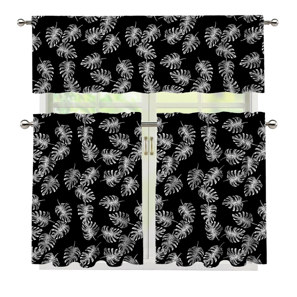 Black And White Monstera Pattern Print 3 Piece Kitchen Curtains
