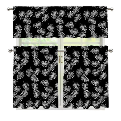 Black And White Monstera Pattern Print 3 Piece Kitchen Curtains