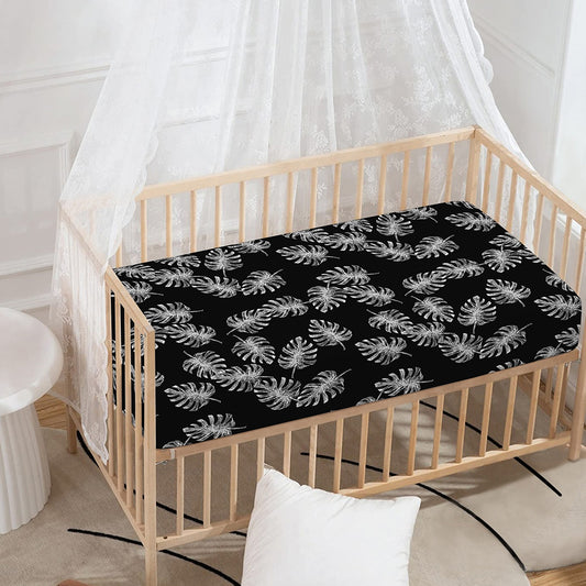 Black And White Monstera Pattern Print Baby Crib Sheet