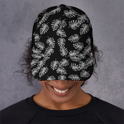 Black And White Monstera Pattern Print Baseball Cap