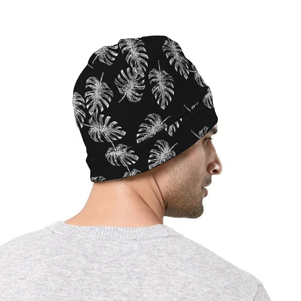 Black And White Monstera Pattern Print Beanie