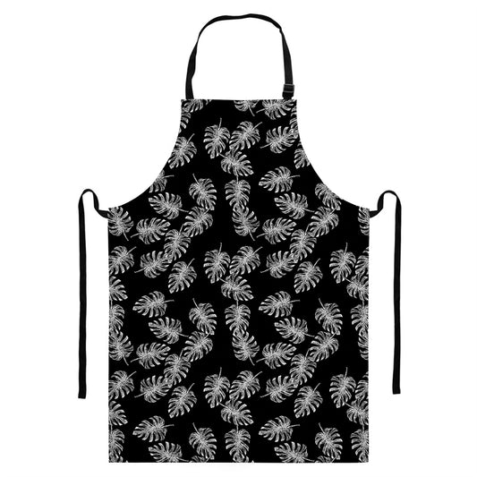 Black And White Monstera Pattern Print Bib Apron With Pocket