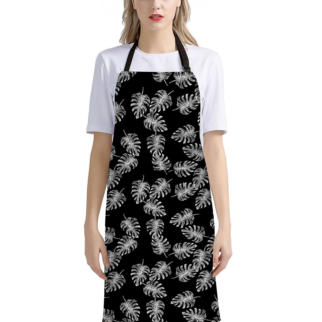 Black And White Monstera Pattern Print Bib Apron With Pocket