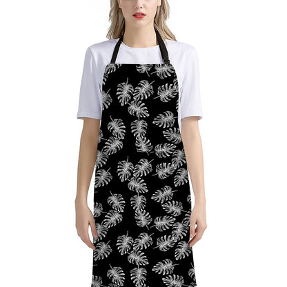 Black And White Monstera Pattern Print Bib Apron With Pocket