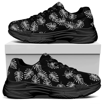 Black And White Monstera Pattern Print Black Chunky Shoes