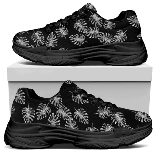 Black And White Monstera Pattern Print Black Chunky Shoes