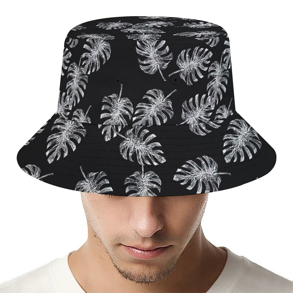 Black And White Monstera Pattern Print Bucket Hat