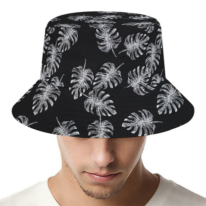 Black And White Monstera Pattern Print Bucket Hat