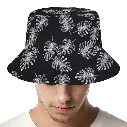 Black And White Monstera Pattern Print Bucket Hat