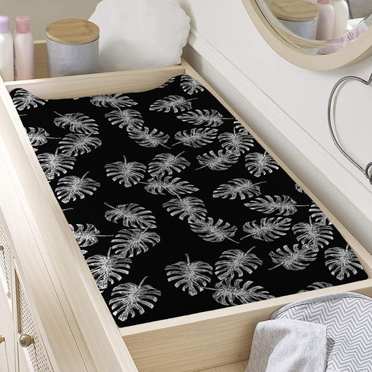 Black And White Monstera Pattern Print Changing Pad Cover