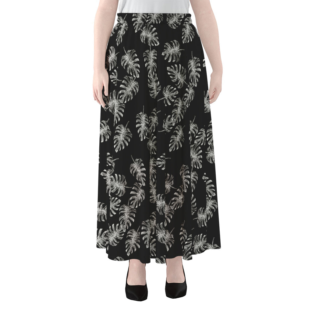 Black And White Monstera Pattern Print Chiffon Maxi Skirt