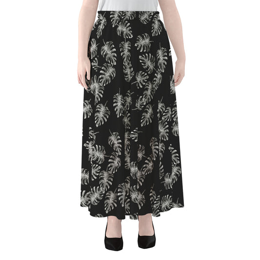 Black And White Monstera Pattern Print Chiffon Maxi Skirt