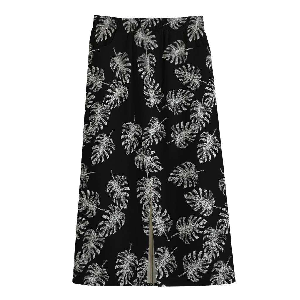 Black And White Monstera Pattern Print Cotton Front Slit Maxi Skirt