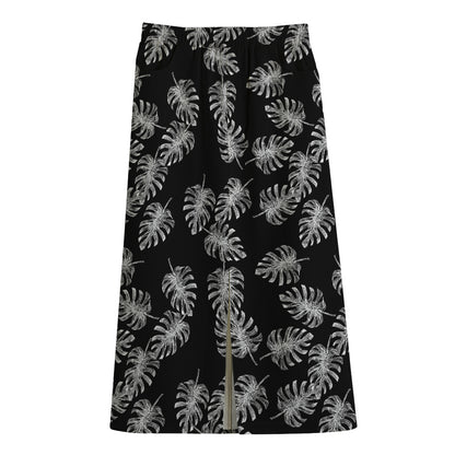 Black And White Monstera Pattern Print Cotton Front Slit Maxi Skirt