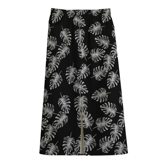 Black And White Monstera Pattern Print Cotton Front Slit Maxi Skirt