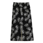 Black And White Monstera Pattern Print Cotton Front Slit Maxi Skirt