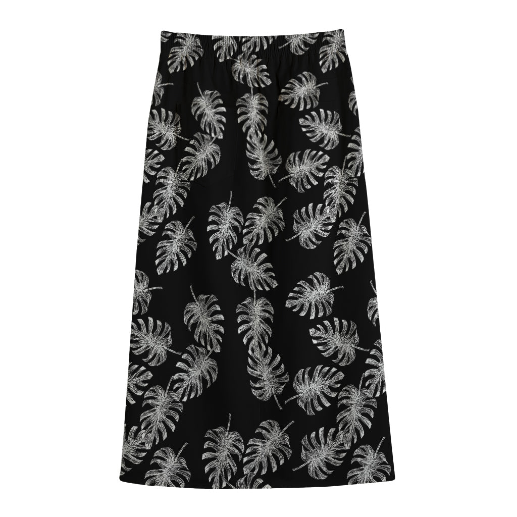 Black And White Monstera Pattern Print Cotton Front Slit Maxi Skirt