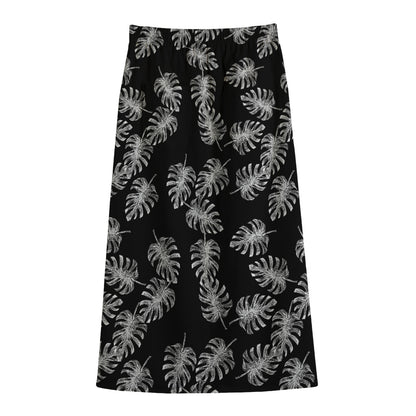 Black And White Monstera Pattern Print Cotton Front Slit Maxi Skirt