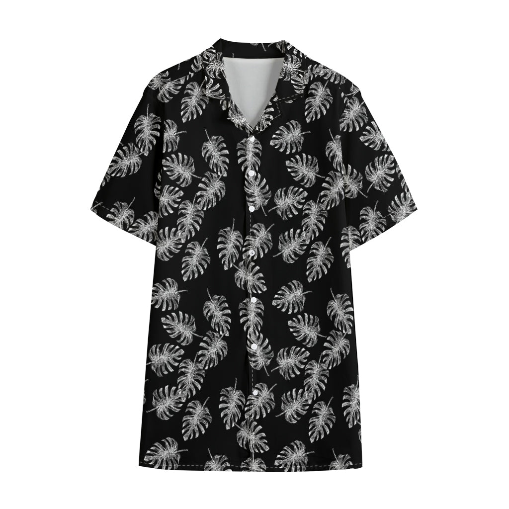 Black And White Monstera Pattern Print Cotton Hawaiian Shirt