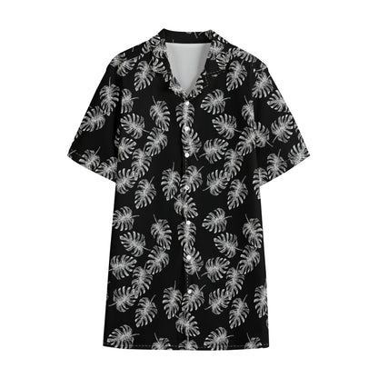 Black And White Monstera Pattern Print Cotton Hawaiian Shirt