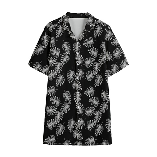 Black And White Monstera Pattern Print Cotton Hawaiian Shirt
