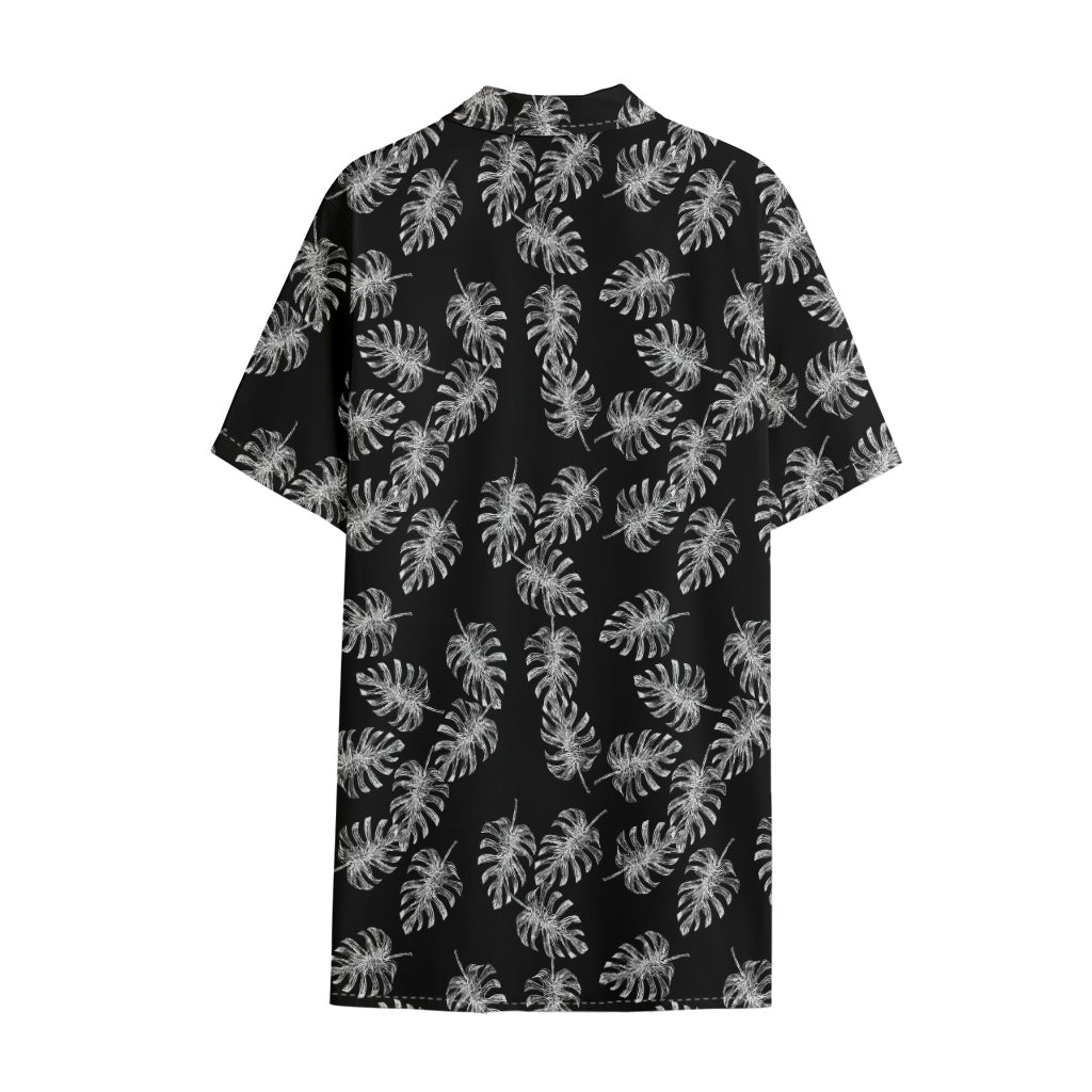 Black And White Monstera Pattern Print Cotton Hawaiian Shirt