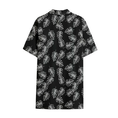 Black And White Monstera Pattern Print Cotton Hawaiian Shirt