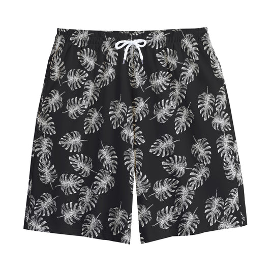 Black And White Monstera Pattern Print Cotton Shorts