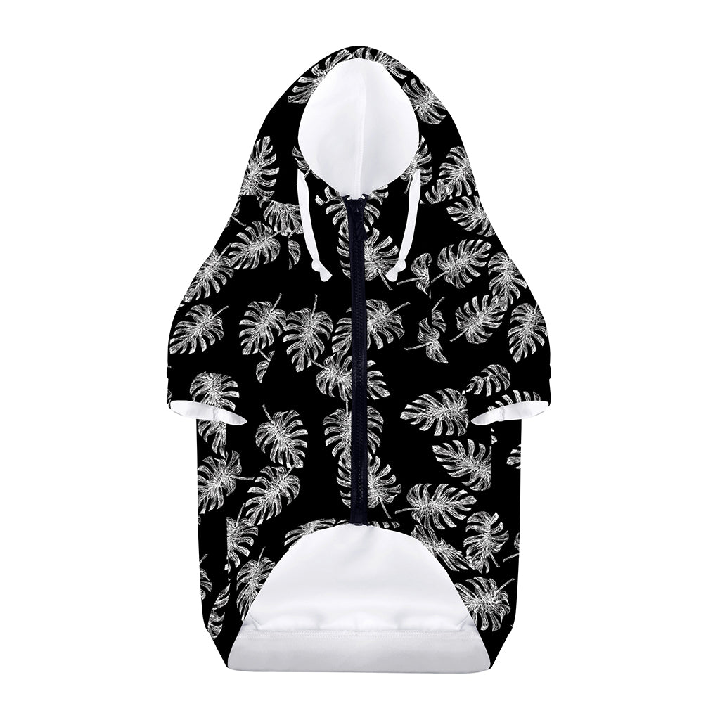 Black And White Monstera Pattern Print Dog Zip Up Hoodie