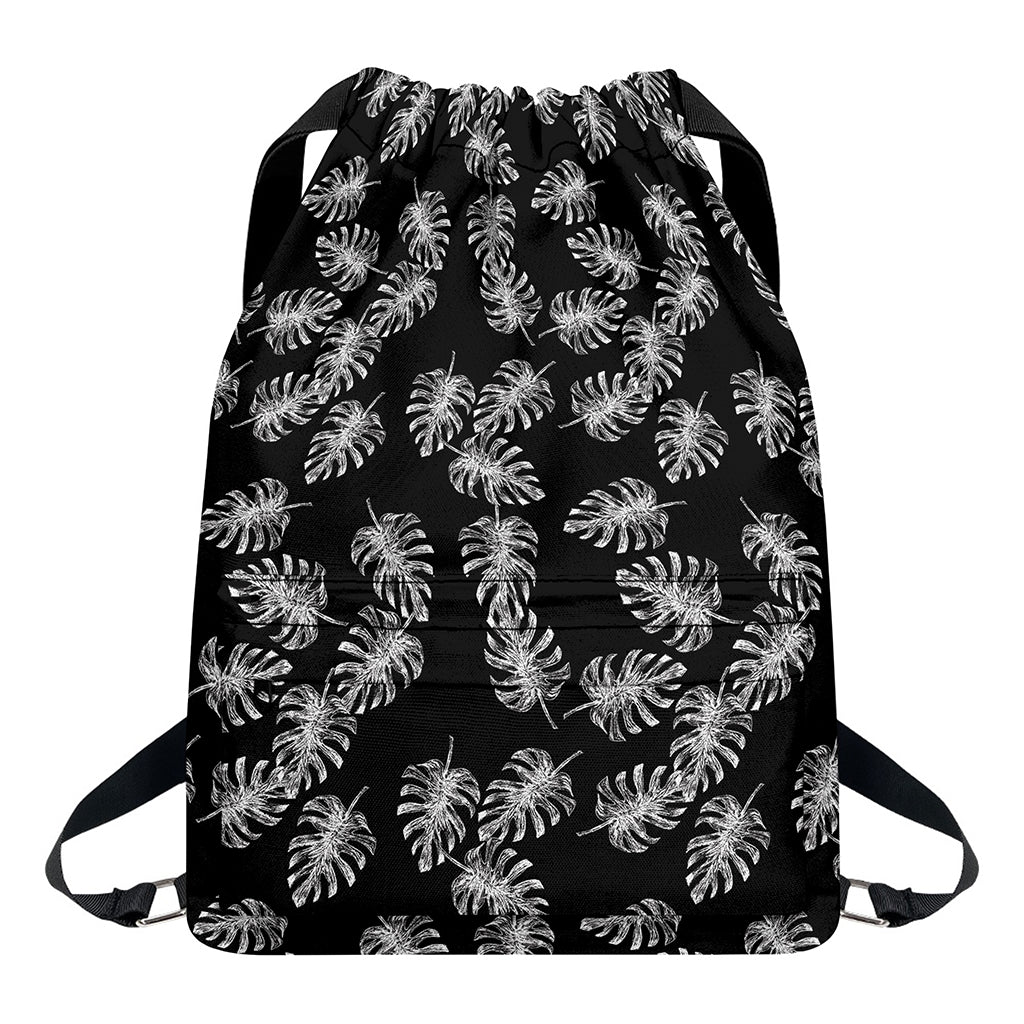 Black And White Monstera Pattern Print Drawstring Backpack
