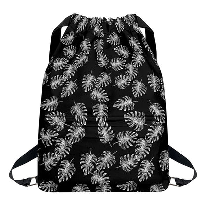 Black And White Monstera Pattern Print Drawstring Backpack